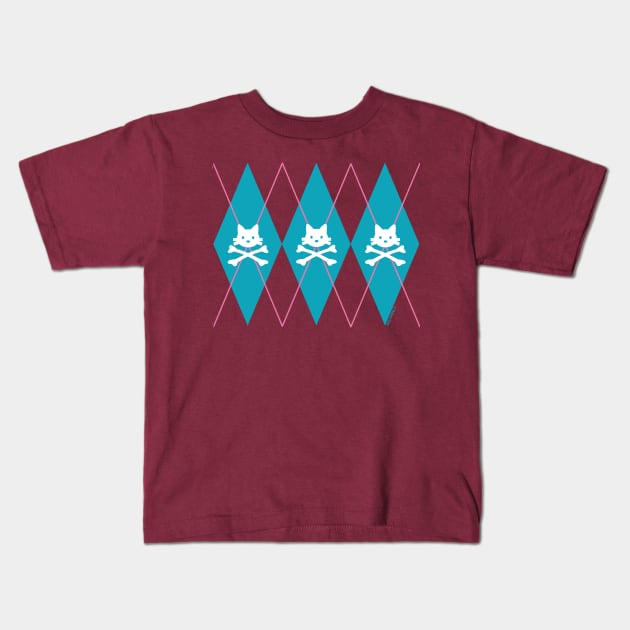 Kitty X-Bones Argyle Turquoise Kids T-Shirt by jrotem